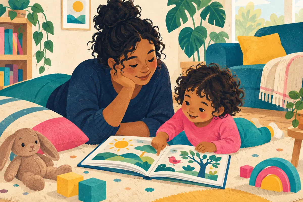 Illustration of a parent and child sharing a picture book together at home.