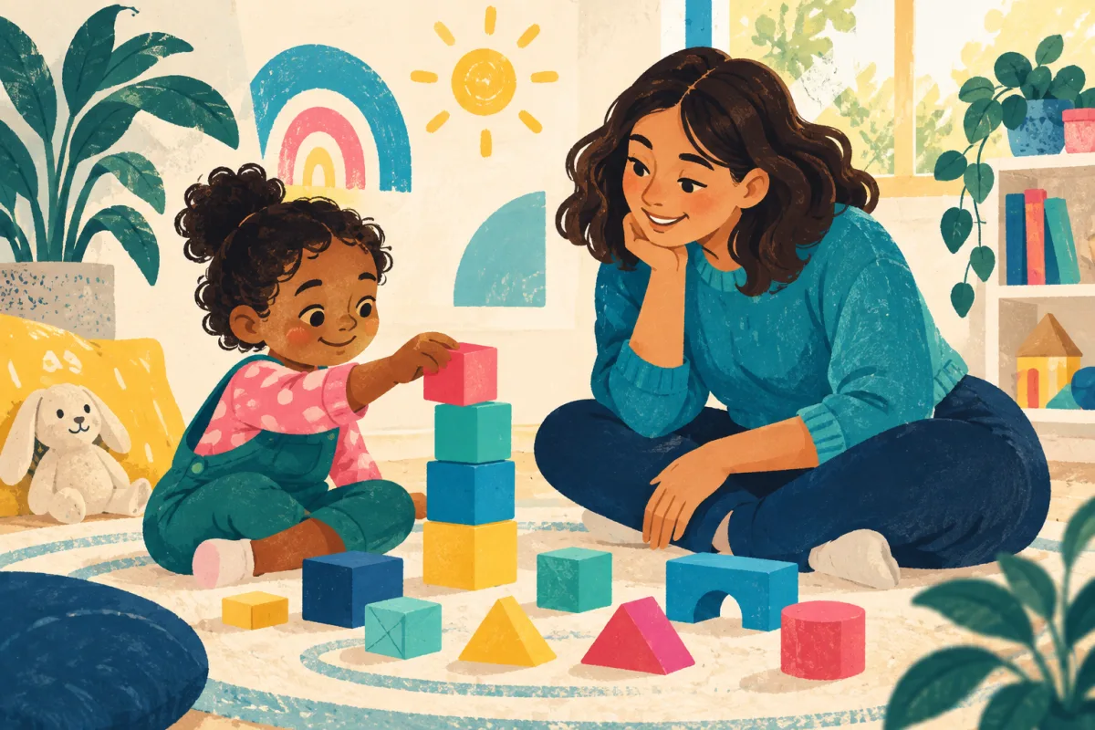 Illustration of a young child exploring colorful play blocks with an adult provider beside them.