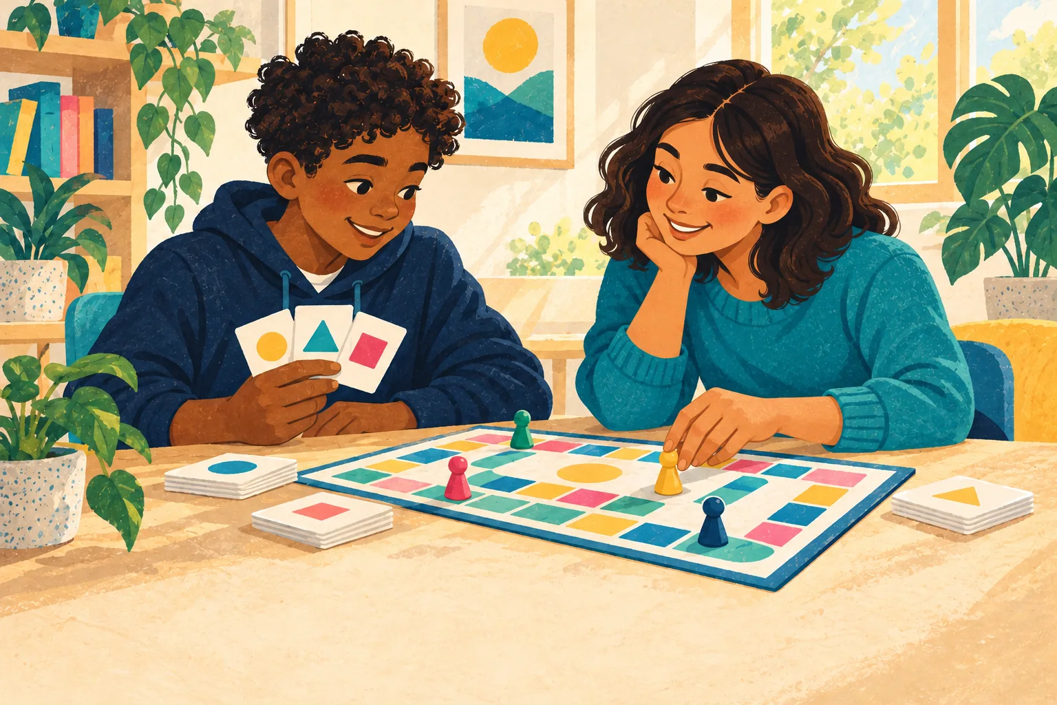 Illustration of an older boy enjoying a tabletop game with the same adult provider shown in the play scene.