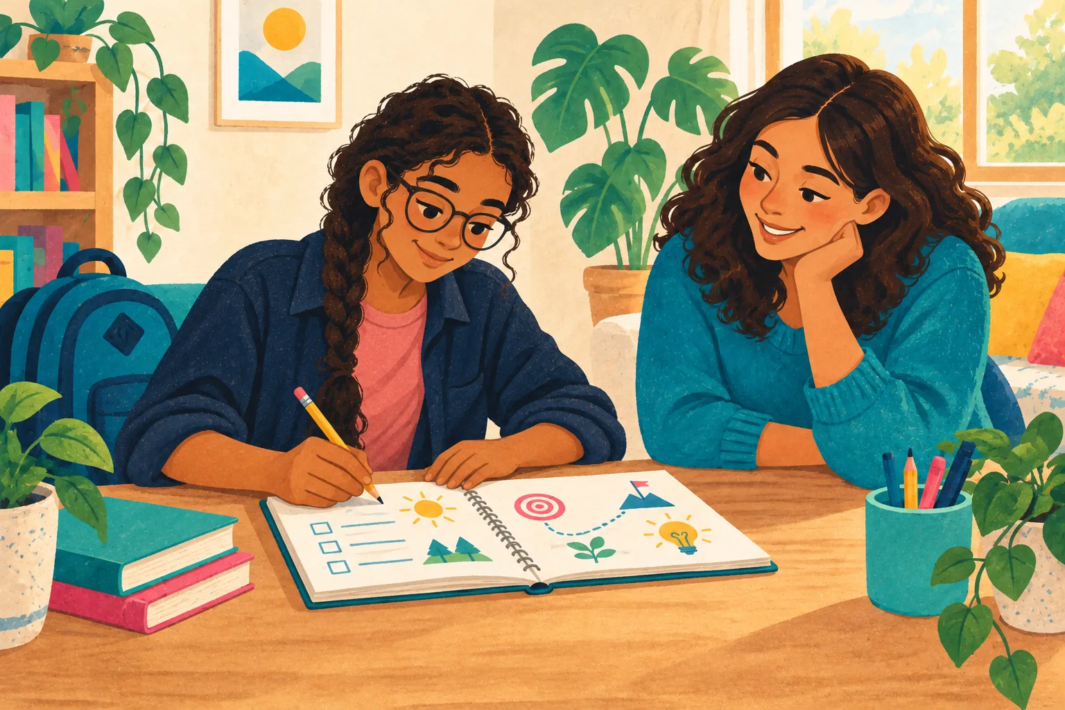 Illustration of a teenage girl with glasses and braided hair planning her goals with the same adult provider beside her.